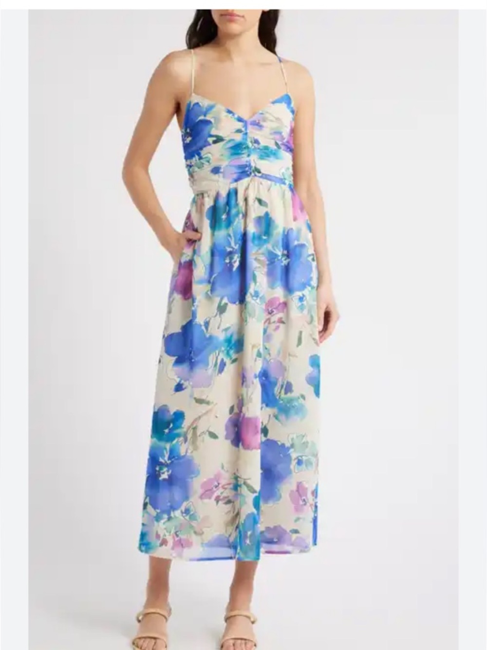Lost + Wander Blue and Cream Floral Midi Dress NWOT size Medium